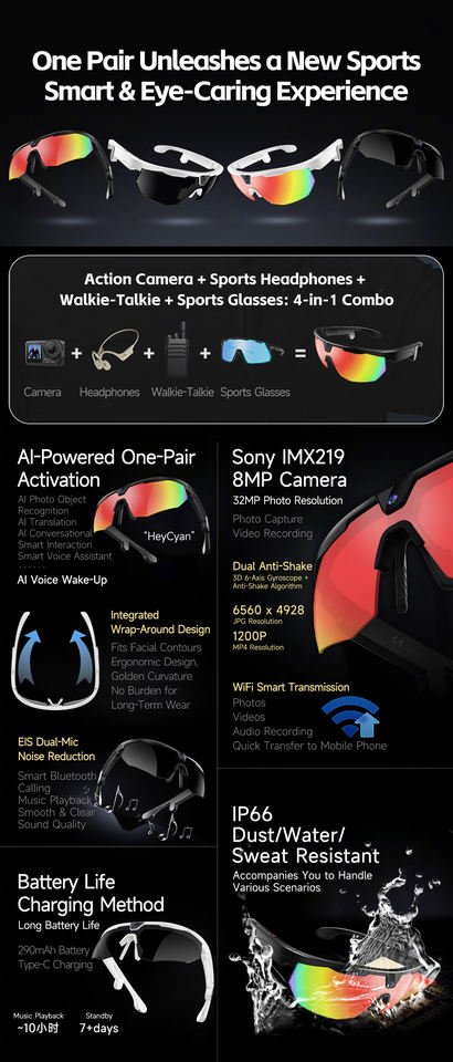 Ai Translation Smart Glasses With 8mp Camera Bluetooth Calling Noise Reduction Ip66 Waterproof Video Recording Sunglasses
