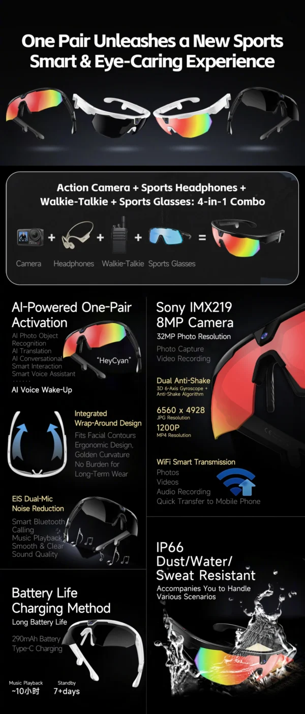 Ai Translation Smart Glasses With 8mp Camera Bluetooth Calling Noise Reduction Ip66 Waterproof Video Recording Sunglasses